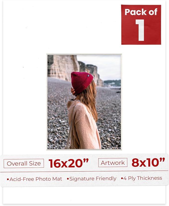 8x10 Mat for 16x20 Frame - Precut Mat Board Acid-Free White 8x10 Photo Matte Made to Fit a 16x20 Picture Frame, Premium Matboard for Family Photos, Show Kits, Art, Picture Framing, Pack of 1 Mat by PosterPalooza