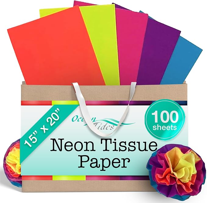 Tissue Paper for Gift Bags - Neon, 100 Sheets 14x20in Wrapping Paper | Premium Gift Wrap Tissue Paper for DIY Crafts - Birthday Party, Wedding, Holidays, Flower Decorations & Custom Art Projects by OceanTides