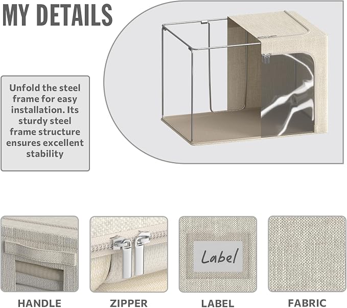 4 Pack Clothes Storage Bins with Metal Frame - 22L Stackable Storage Box with Lid，Foldable Storage Container Organizer for Clothes，Linen Fabric Storage Box with Clear Window＆Zippers＆Handles - Image 3