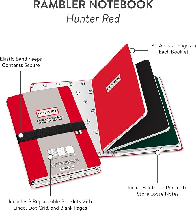 Hunter - Rambler Refillable Notebook, 8.6” X 6” Book with 3 A5 Booklets, 80 Pages Each of Lined Paper, Dot Grid, & Blank Pages for Drawing or Journaling, Elastic Band & Inside Pocket, Hunter Red - Image 8
