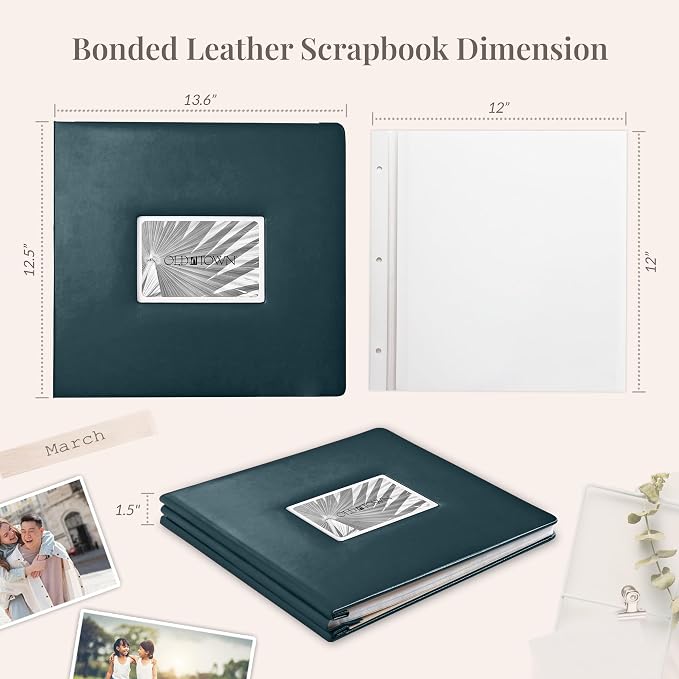 Old Town Bonded Leather Photo Album, Large Leather Scrapbook, Expandable Scrapbook Album 12x12 Double-Sided White Paper Pages and Optically Clear Pockets, Faux Suede Lining, Navy - Image 5