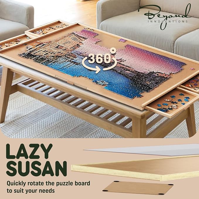 1500 Piece Wooden Jigsaw Puzzle Board - 6 Drawers, Preassembled Rotating Puzzle Table | 35” X 28” Jigsaw Puzzle Board | Puzzle Cover Included - Portable Tables for Adults and Kids | 6 Drawers, Preassembled Rotating Design, Puzzle Cover Included, Portab... - Image 3