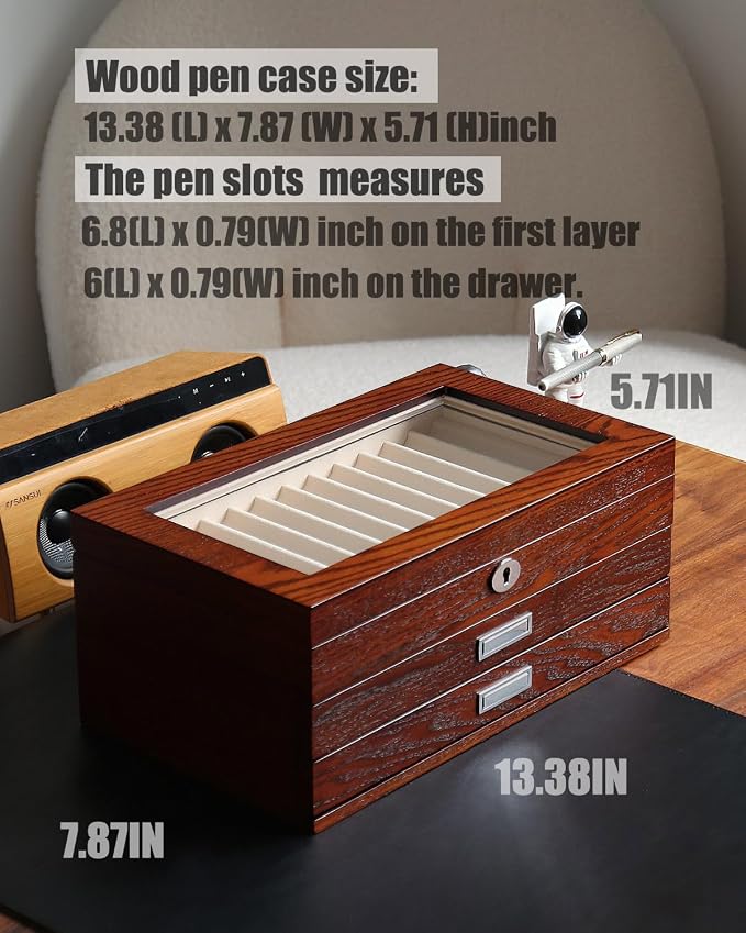 wood pen display case 36 slot Fountain pen Box storage Organizer with drawer, Top Glass Window Pen Collection Display Case - Image 4