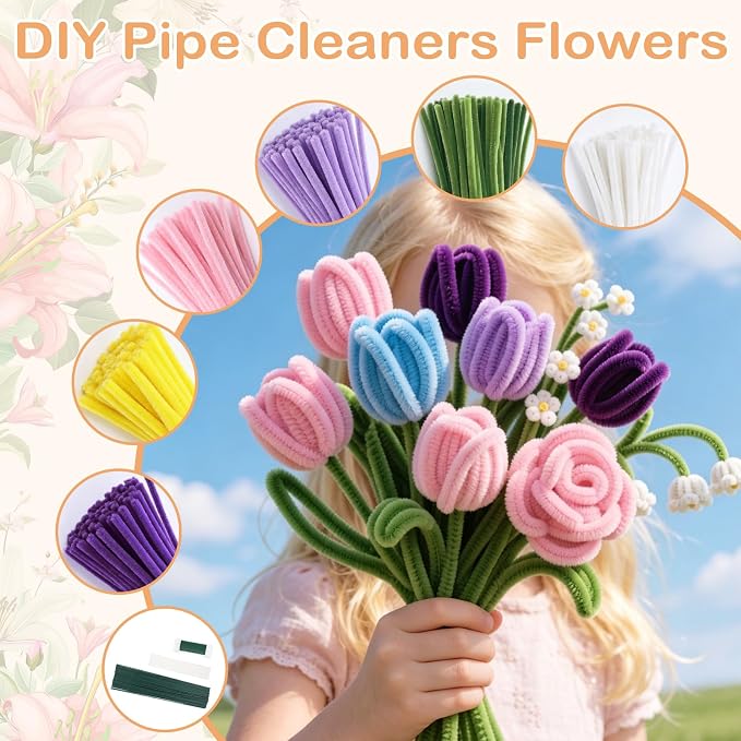 3600 Pcs Pipe Cleaners Craft Bulk Multi-Color Chenille Stems Art Supplies with 50 Flower Stems 5 Tape 10 Glue and 4 Stamens for DIY Arts and Crafts Projects Flowers Decorations (36 Colors) - Image 7
