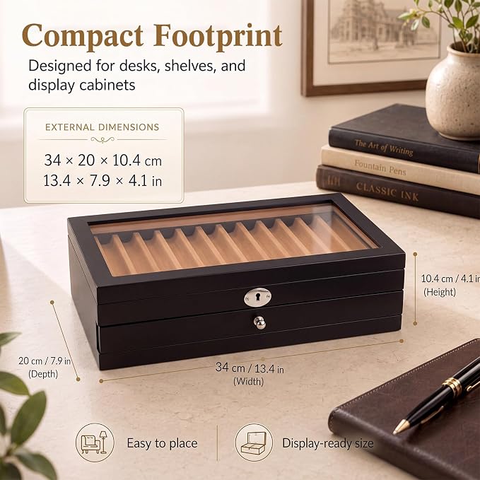 Silipull 24-Slot Fountain Pen Display Case, Key Lock, Black Finish, 2-Tier | Key-lock Top, Helps Limit Casual Access to Prized Pens, Glass Lid Displays Favorites, One Drawer Organizes 24 Pens - Image 2
