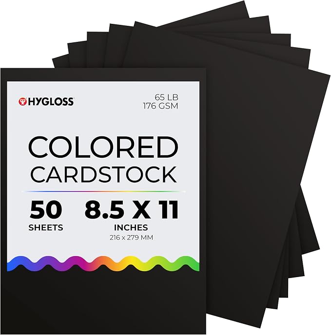 Hygloss Black Cardstock - 8.5x11-Inch, 50 Sheets, 65 lb/ 176 gsm, Fade-Resistant, Acid-Free Color Card Stock Paper by HyglossProductsInc