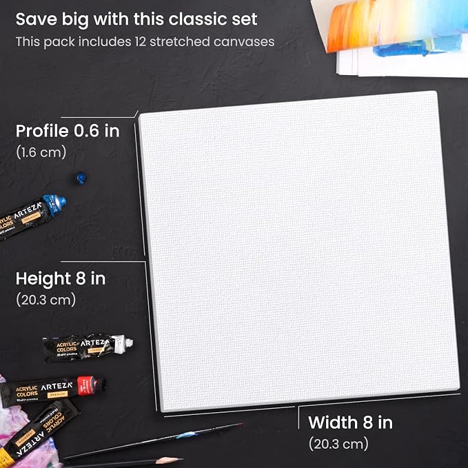 ARTEZA Stretched Canvas, 8 x 8 Inches, Pack of 12, Blank White Square Canvas for Painting for Acrylic, Oil and Gouache Paints - Image 4