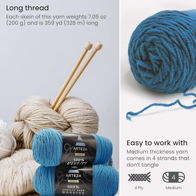 ARTEZA Acrylic Yarn for Crocheting, 4 x 200-g Skeins of Worsted Yarn for Knitting, Peacocking A504, Knitting & Crochet Supplies - Image 3