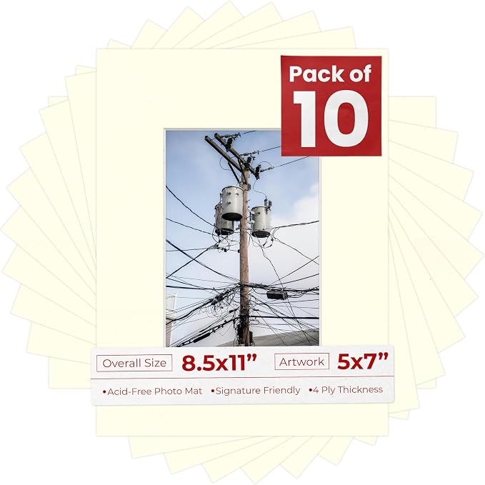 5x7 Mat for 8.5x11 Frame - Precut Mat Board Acid-Free Textured Cream 5x7 Photo Matte For a 8.5x11 Picture Frame, Premium Matboard for Family Photos, Show Kits, Art, Picture Framing, Pack of 10 Mats by PosterPalooza