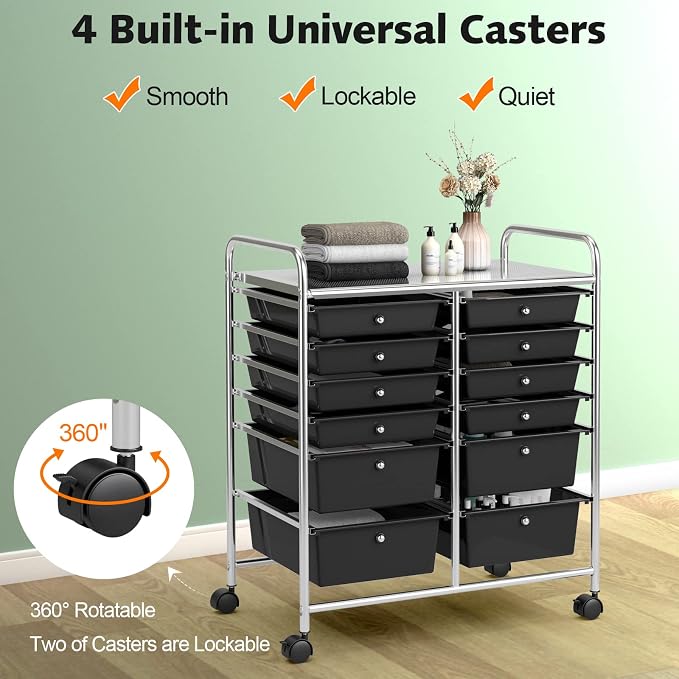 DREAMADE Rolling Cart with Storage Drawers, Utility Cart with Removable Plastic Drawers, Lockable Wheels, Art Cart for Classroom Organization Art Supplies Office Scrapbook (12 Drawers, Black) - Image 5