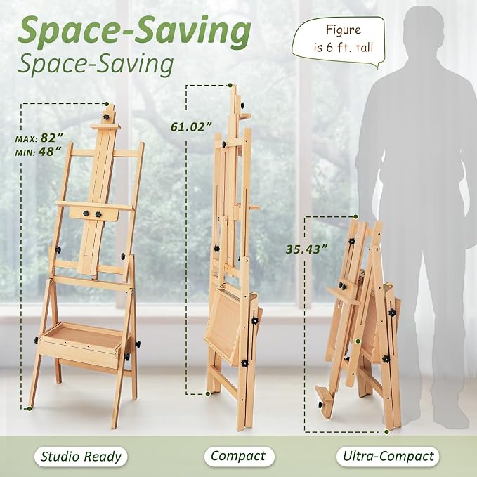 Multi-Function Beech Wood Art Easel for Painting, Flat Desk Easel Stand | Foldable & Adjustable Paint Easel Standing, H-frame Wooden Painting Easel Stand with Storage Box for Adults Artist Studio - Image 3