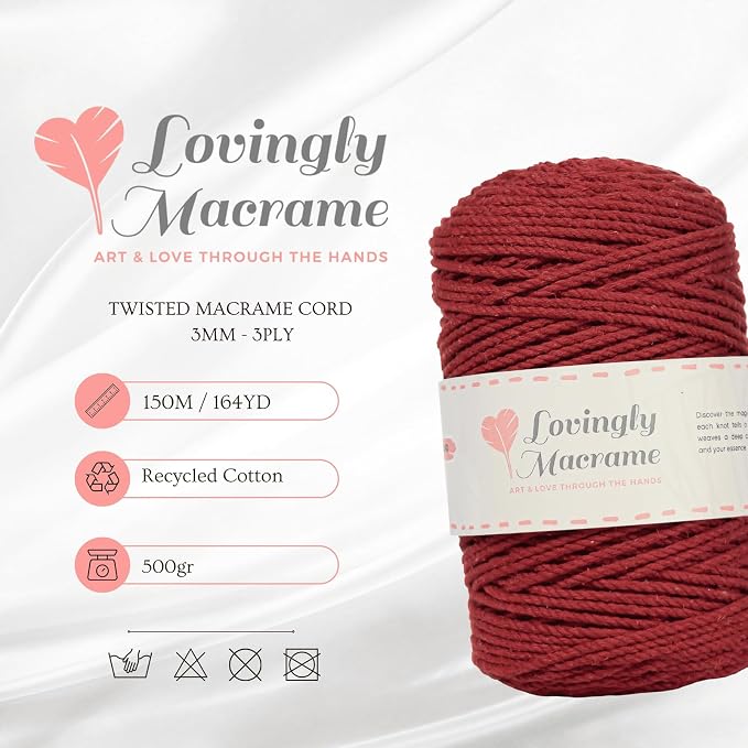 Lovingly Macrame 3mm Macrame Cord - 3 Ply Twisted Macrame String for DIY Handmade Boho Projects - Three Strand Cotton Rope for Crafts, Dreamcatchers, Plant Hangers, Decor - 492ft (164yds). - Burgundy - Image 3