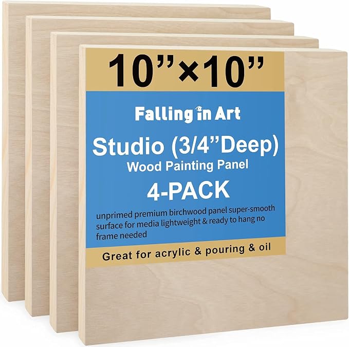 4 Pack 10x10’’ Unfinished Birch Wood Panels Kit for Painting | Studio 3/4’’ Deep Wooden Canvas, Cradle Boards for Acrylic Pouring, Art, Crafts, Epoxy Resin, Laser Engraving Cutting by FallinginArt