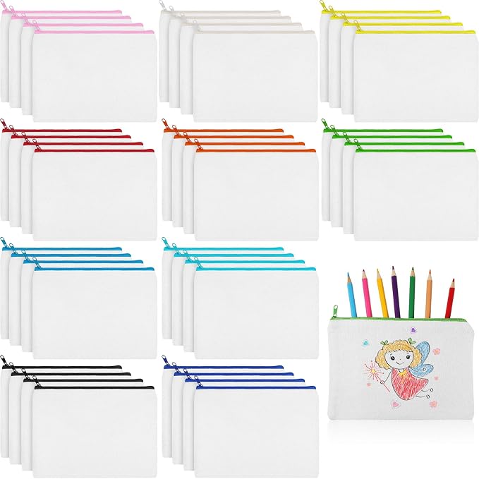 Shappy 40 Pcs Canvas Zipper Pouch Bags Pencil Pouch Bulk Canvas Makeup Bags Blank Pencil Case Cotton Cosmetic Case for Travel DIY Craft (7.87 x 5.70 Inches,M,White) by Shappy