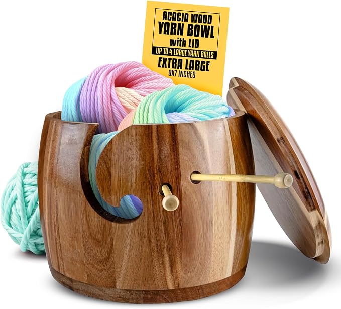 Tyck Design's Large Wooden Yarn Bowl with Lid - 9x7 Inch XL Acacia Wood Holder for Knitting, Crocheting & Macrame - Extra Big & Strong Yarn Storage by Unknown