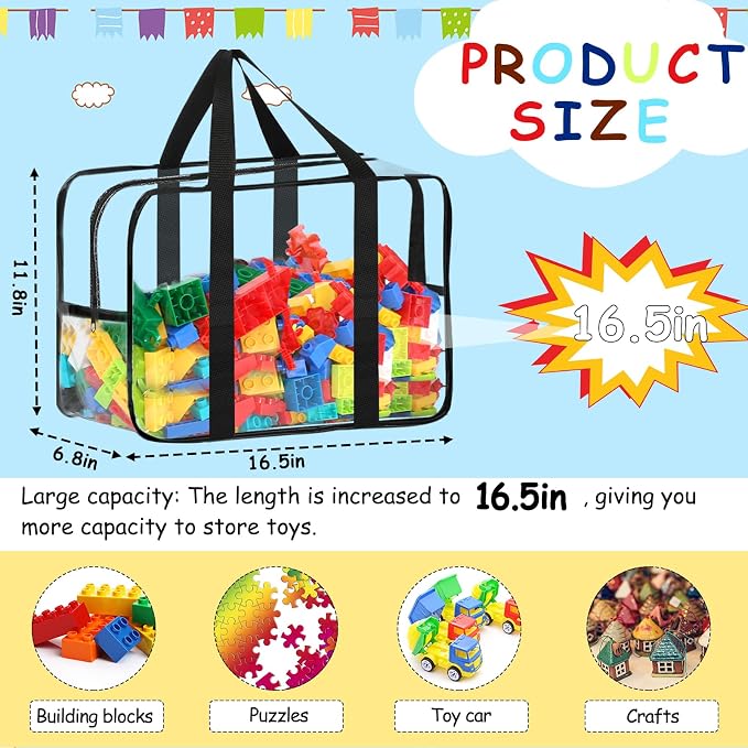 6 Packs XXL Toy Storage Bags 16.5×11.8×6.8In with Labels, Large Capacity Reusable Clear PVC Board Game Storage, Travel Waterproof Organizer Bags with Zipper - Image 2