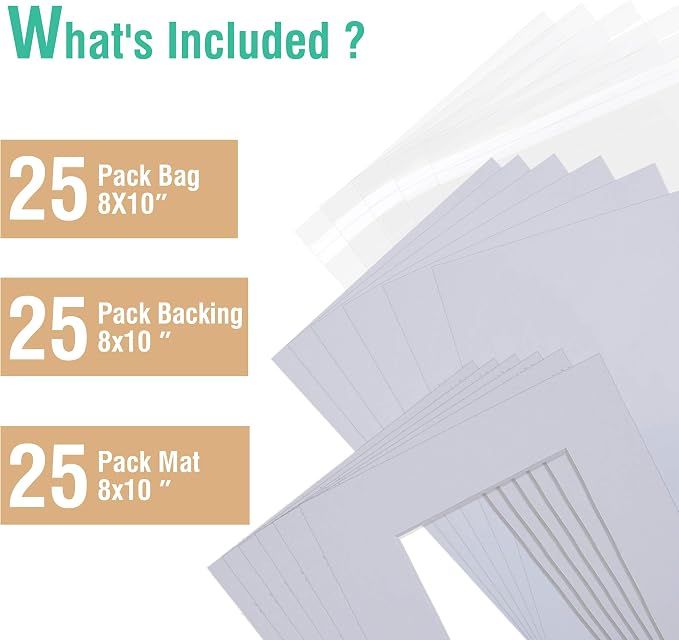 Falling in Art Acid Free 8x10 Pre-Cut Picture Mat Board Kit for 5x7 Photo | Includes 25 White Core Bevel Cut Mattes, 25 Backing Boards, 25 Crystal Clear Bags - Image 3