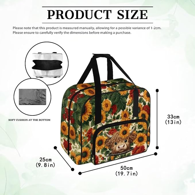 Highland Cow Carrying Travel Storage Sunflower Sewing Machine Bag Case with 4 Bottom Rubber Pads Portable Carrying Totes Easy to Clean Sewing Machine Storage Bag - Image 5