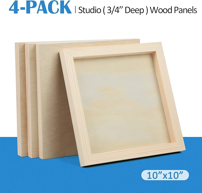 4 Pack 10x10’’ Unfinished Birch Wood Panels Kit for Painting | Studio 3/4’’ Deep Wooden Canvas, Cradle Boards for Acrylic Pouring, Art, Crafts, Epoxy Resin, Laser Engraving Cutting - Image 6
