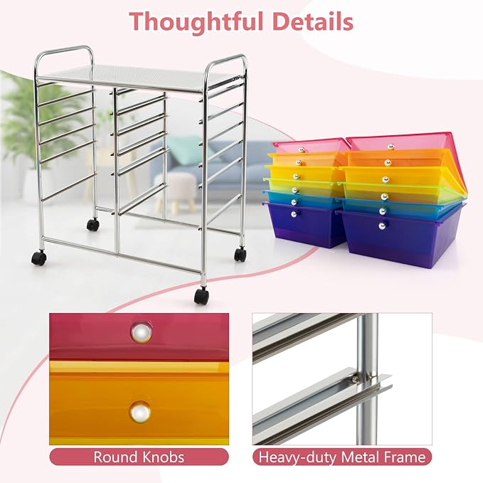 DREAMADE Rolling Cart with Storage Drawers, Utility Cart with Removable Plastic Drawers, Lockable Wheels, Art Cart for Classroom Organization Art Supplies Office Scrapbook (‎12 Drawers, Rainbow) - Image 5