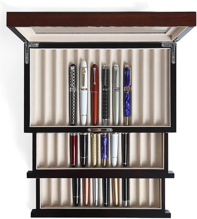 wood pen display case 36 slot Fountain pen Box storage Organizer with drawer, Top Glass Window Pen Collection Display Case by Besforu