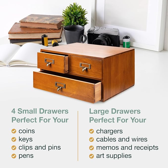 Modular Stackable Desktop Apothecary Cabinet with 3 Drawers - Solid Wood Medicine Cabinet for Tabletop - Card Catalog Drawers with Label Holders - Desktop Chest Drawer for Storage and Organization - Image 6