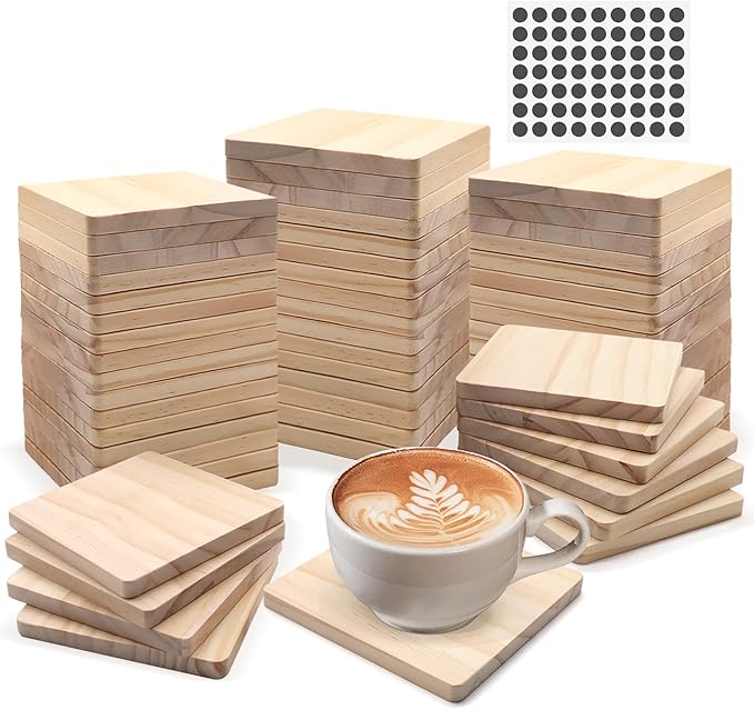 60 Pack 4 Inch Unfinished Square Wood Coasters with Non Slip Pad | Natural Wood Coasters, Blank Wooden Coaster for Crafts DIY Laser Engraving Stained Burning Painting, Home Wedding Table Decor by SIJDIEE