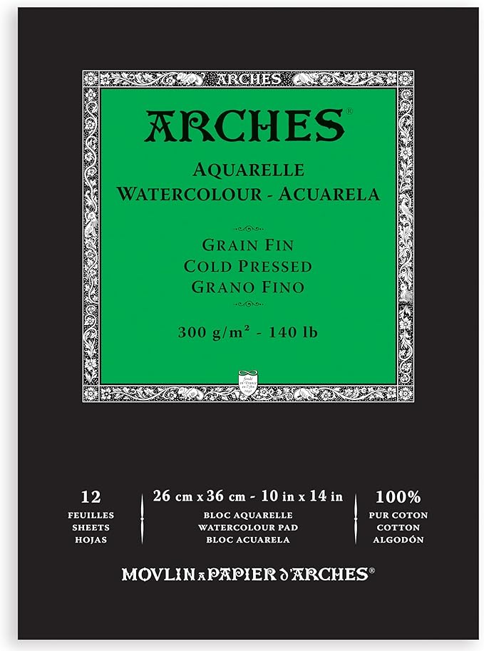 Arches Aquarelle Watercolor Paper Pad, Cold Pressed, 140lb/300gsm, 12 Sheet, 10x14 inch, 1 Count by ARCHES