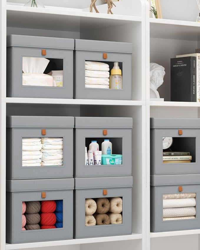 Storage Bins with Lid – Closet Organizer with Side Opening and Clear Window, Foldable Stackable Fabric Basket for Clothes, Home, Office - 13.77" x 11.8" x 9.8", 5 Pack, Grey - Image 6