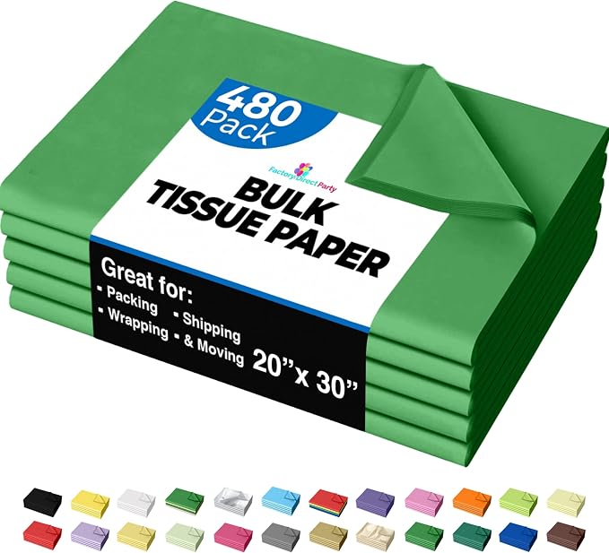 Party Solids Emerald Green Tissue Paper for Gift Bags - 20" X 30" Bulk Tissue Paper Green 480 Sheets - 10lb Newsprint for Packing, Birthday Gift Box Filler, Packing Supplies for Moving Supplies by Crown+Display