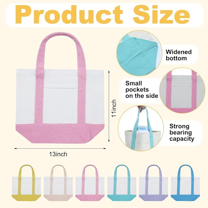 Eccliy 6 Pcs Mini Canvas Tote Bags 13" x 11" x 6" Small Tote Shopping Bag Bulk with Pocket Handle Blank Heavy Duty Reusable Canvas (13" X 11" X 6",Pastel Color) - Image 4