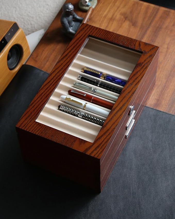 wood pen display case 36 slot Fountain pen Box storage Organizer with drawer, Top Glass Window Pen Collection Display Case - Image 2