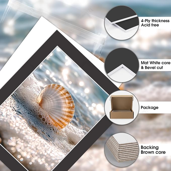 Golden State Art 25 Pack Black Mat 11x14 for 9x12 Photo Matte+Backings+Bags | Acid-Free,4-Ply Thick,Pre-Cut Kit Mattes,White Core,Bevel Cut,For Photos, Pictures,Artwork, Poster or Print Display - Image 3