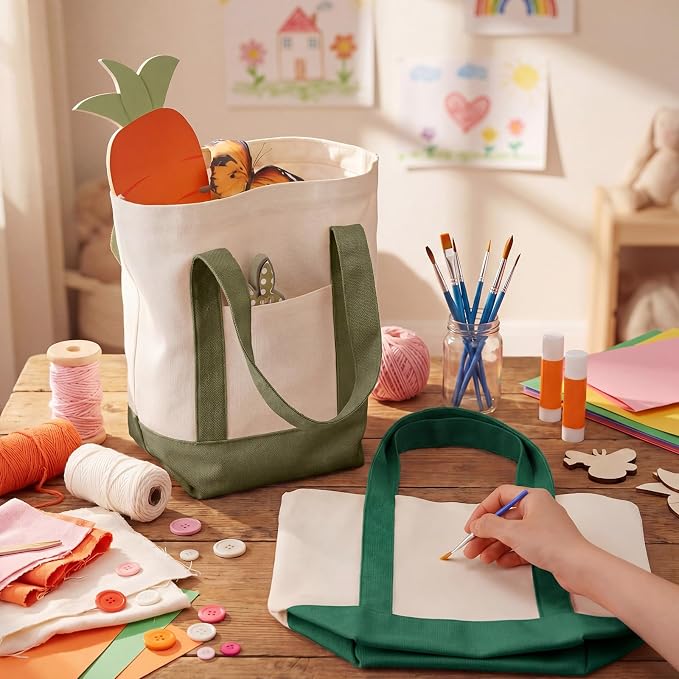 Eccliy 12 Pcs Mini Canvas Tote Bags 13" x 11" x 6" Small Tote Shopping Bag Bulk with Pocket Handle Blank Heavy Duty Reusable Canvas(Sage Green Series) - Image 3