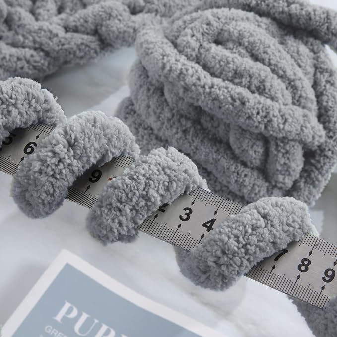Hombys Light Grey Chunky Chenille Yarn for Crocheting & Knitting, Super Bulky Thick Fluffy Yarn for Hand Knitting Blanket, Soft Plush Yarn, 8 Jumbo Pack (27yds, 8 oz Each Skein) - Image 4