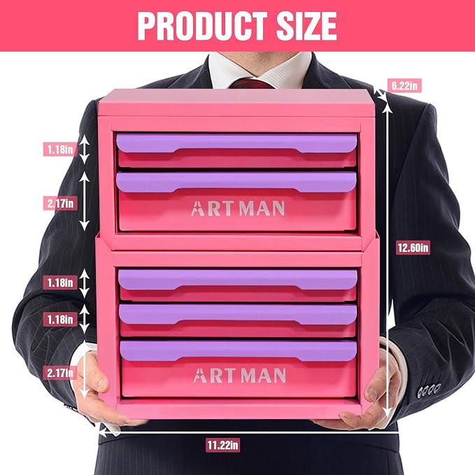 Mini Metal Tool Box, 2+3 Layer Portable Steel Small Tool Chest Cabinet, Stackable Desktop Organizer, Makeup & Stationery Storage Drawers with Handles for Home Office Workshop(Pink & Purple) - Image 3