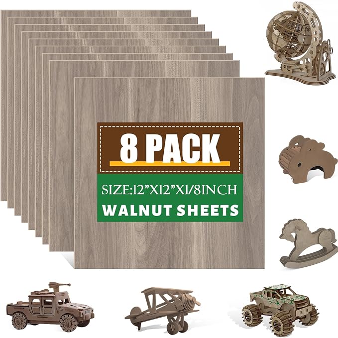 8 Pack Walnut Plywood Sheets 12x12x1/8 Inch,3mm Plywood for Laser Cutting & Engraving,Unfinished Wood for Crafts,Wood Burning,Architectural Models by ESRICH