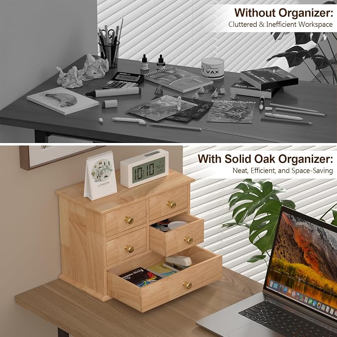 Oak Desk Organizer with Drawers, Durable Wooden Desktop Storage Box | 5 Drawer Tabletop Organizer with Metal Handles & Non-Slip Pads for Office, Bedroom, Bathroom, Vanity, Makeup Storage, Natural - Image 5