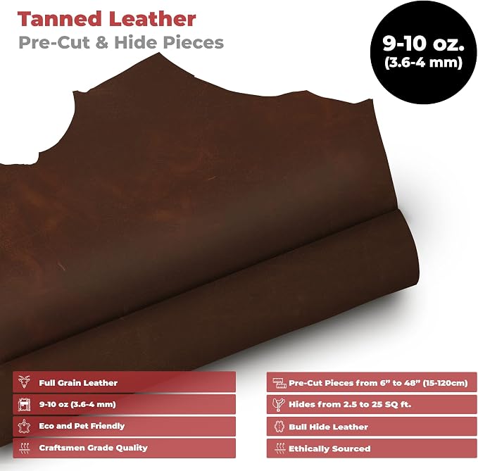 ELW Cowhide Bourbon Brown Leather 9-10 oz (3.6-4mm) Thickness Pre-Cut Calf Hide Full Grain Leather for Tooling, Holsters, Sheath, Carving, Embossing, Stamping - Image 2