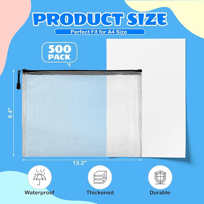 Zhehao 500 Pcs A4 Mesh Zipper Pouch Bags Bulk 13.2 x 9.5 Inches,Black | Large Clear Pencil File Storage Bags Waterproof Mesh Zipper Organizer for School Office Travel Organization Puzzle Supplies - Image 2