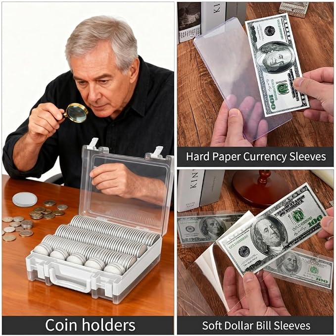 ALCYON Double-Sided Coin Collector Case with 141 Capsules&220 Bill Sleeves | All-in-One Organizer for Coins and Paper Money with Foam Gaskets, Clear Lid, Handle,Latches for Home and Coin shows Colletion - Image 8