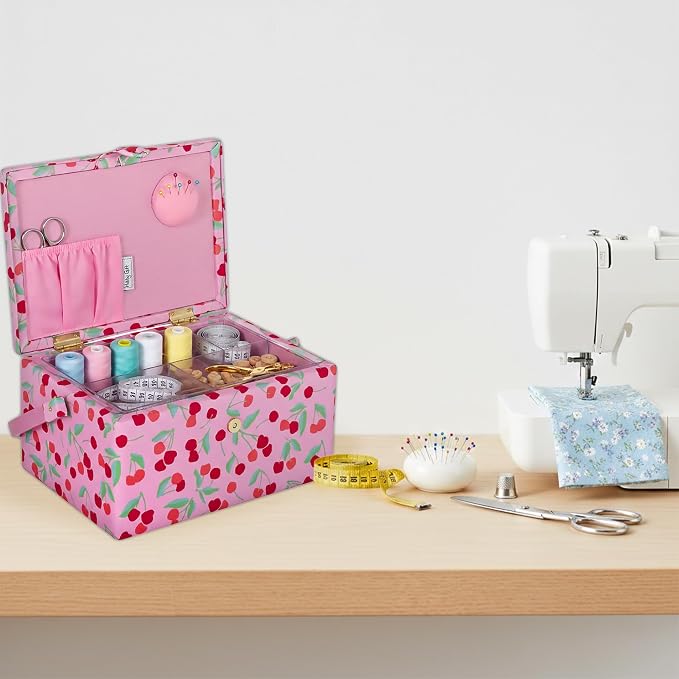 Hobby Gift Medium Sewing Box Organiser | Fabric Covered Storage Box, Handle, Internal Tray, Pin Cushion and Pocket, For Sewing, Quilting and Knitting Supplies - Image 6