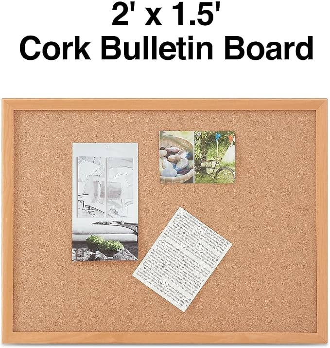 Staples Cork Bulletin Board, Oak Frame, 2 ft W x 1.5 ft H | Wall-mounted message board for home office and classroom announcements. - Image 2