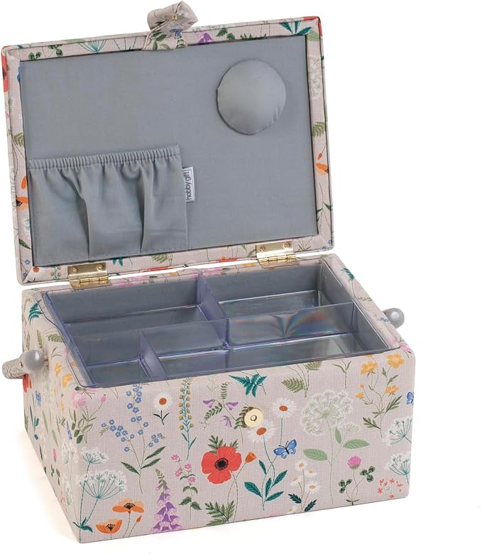 Hobby Gift Medium Sewing Box Organiser, Fabric Covered Storage Box with Handle, Internal Tray, Pin Cushion and Pocket for Sewing, Quilting and Knitting Supplies - Image 7