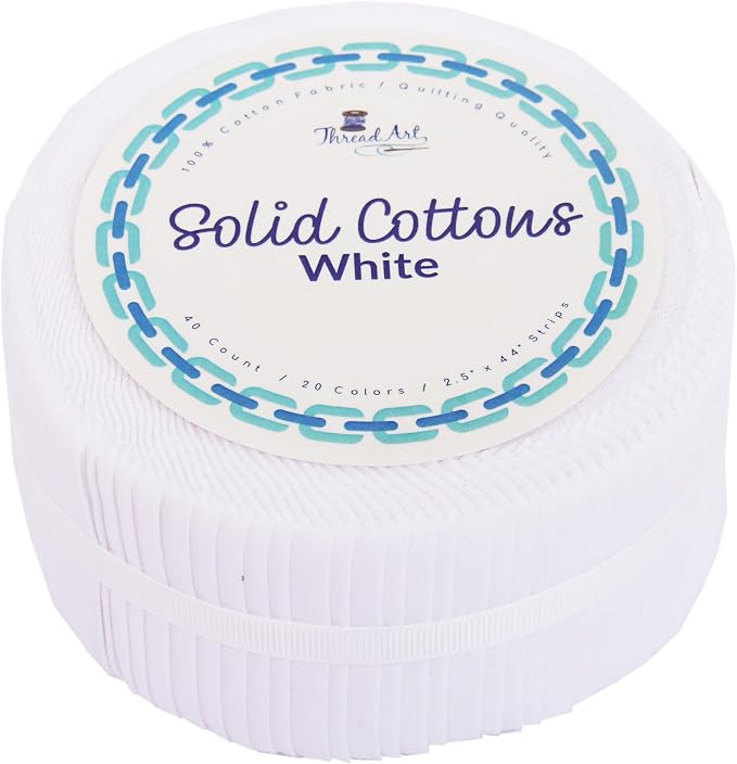 Threadart White Jelly Roll - 40 Precut 2.5" Cotton Strips | 40 precut 2.5in cotton jelly roll strips - coordinated for quilts, patchwork, table runners, bags & DIY sewing by ThreadArt