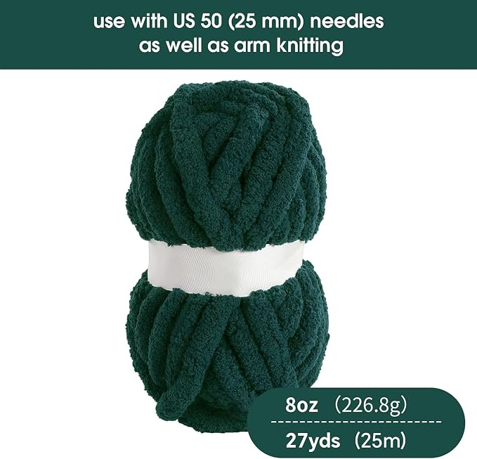 HOMBYS Dark Green Chunky Chenille Yarn for Crocheting, Bulky Thick Fluffy Yarn for Knitting,Super Bulky Chunky Yarn for Hand Knitting Blanket, Soft Plush Yarn, 12 Jumbo Pack (27 yds,8 oz Each Skein) - Image 2