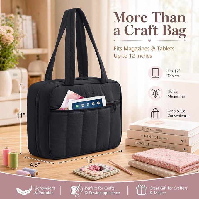 AMOIGEE Sewing Supplies Organizer Bag, Large Craft Storage Tote with 17 Clear Pockets&Tool Holders, Portable Crochet Knitting Embroidery Organizer Case for Threads, Hooks, Needles & Sewing Accessories - Image 2