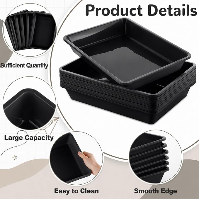 gisgfim 12 Pack Letter Size Flat Storage Paper Tray Organizer Bin Tray Plastic Stackable File Organizer for Classroom Library School Office Teacher Desktop Book Organization (Black) - Image 3