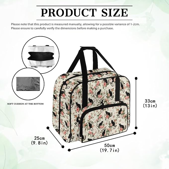 Sewing Machine Carrying Bag Universal Travel Tote Bag Portable Sewing Machine Dust Bag Large Capacity Storage Bag for Most Standard Size Sewing Machines and Accessories, Retro Black Cat Rose - Image 6