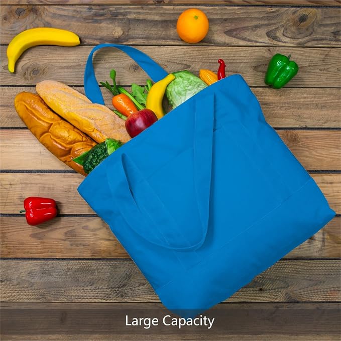 TOPDesign 6-Pack Canvas Tote Bags with an External Pocket, Reusable Grocery Shopping Bags, Top Zipper Closure, Daily Essentials (Ocean Blue) - Image 4